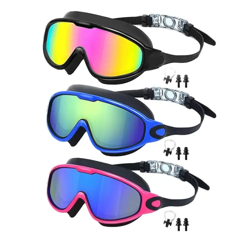 3-Pack Adult Large Frame Swimming Goggles, Swim Goggles Set, Wide Vision HD Anti-Fog UV Protection, Comfortable Silicone Adjustable, Outdoor Pool Beach Use, Swimming Accessories