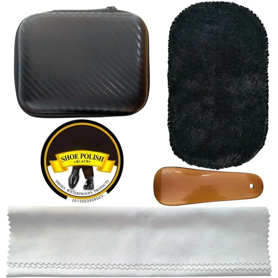 Black Shoe Polish Kit for Men - Portable Shoe Shine Set with  Glove, Cloth & Shoe Horn | Leather Shoe & Boot Care