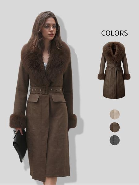 Women's Fall Winter Long Faux Fur Coat, Vintage Style Casual Cotton Jacket with Large Collar and Belt, Elegant Plain Design