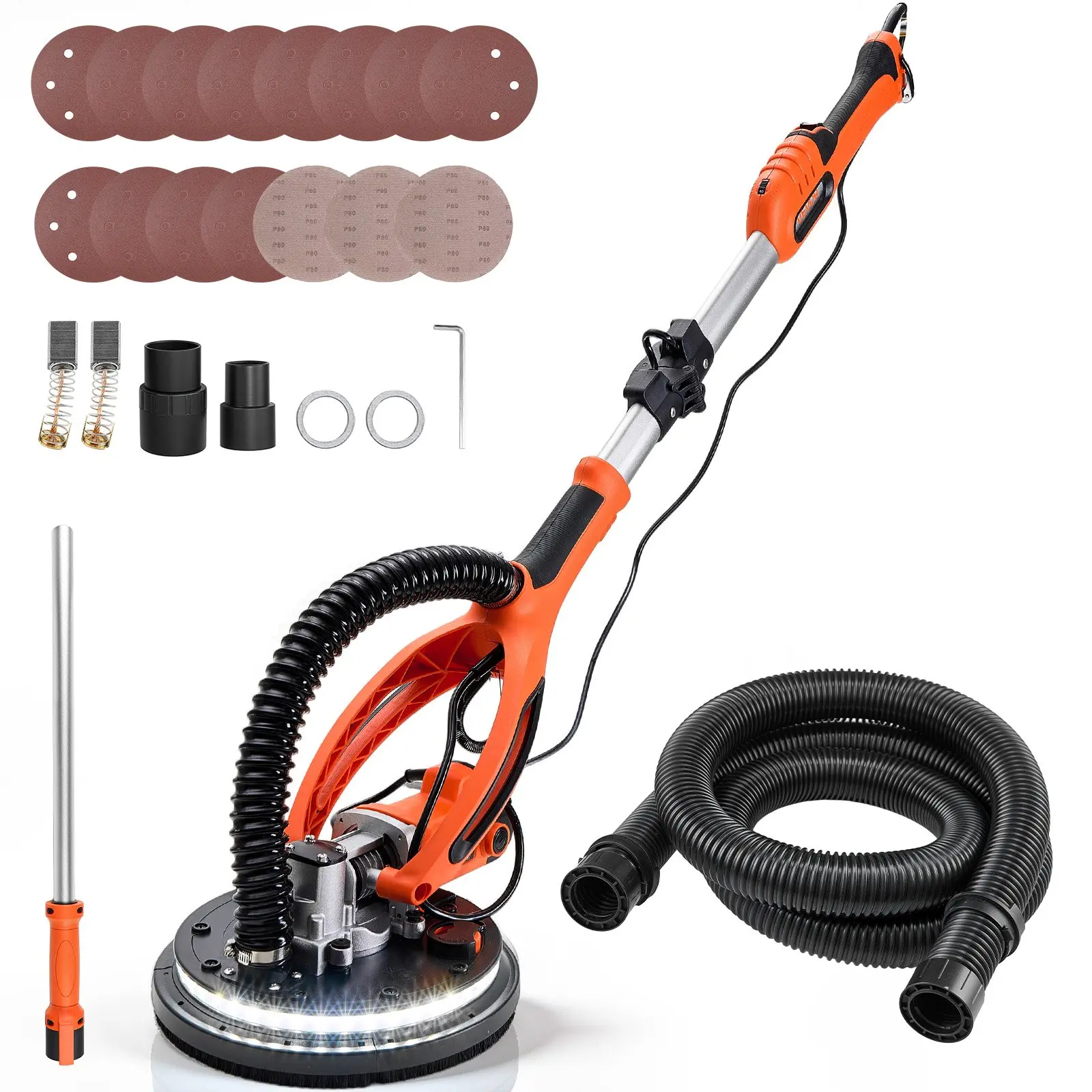 VEVOR Drywall Sander, 850W Electric Drywall Sander, Popcorn Ceiling Removal Tool with 5 Variable Speed 800-1700 RPM, Double-Deck LED Light, Foldable Extendable Handle, 15 Sanding Discs, Dust Hose