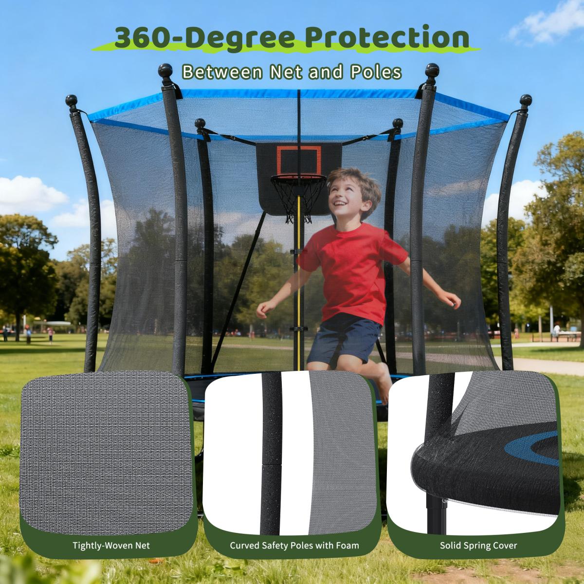 [Fahuac] 8FT Trampoline with Enclosure Net and Ladder, Outdoor Trampoline for Kids and Toddlers, Backyard Recreational Trampoline, Heavy Gauge Galvanized Steel Frame, 3 W-Shaped Legs