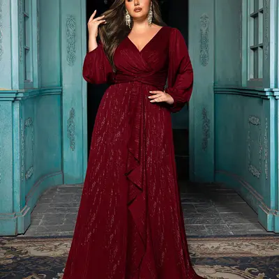 Lace Prom Dresses Big Sizes Plus Size Elegant Plus Size Dress Womens V Neck  Long Sleeve