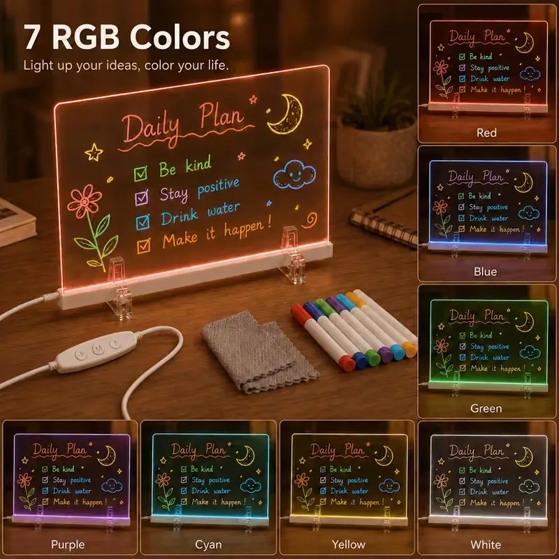 LED Desk Light, USB Powered Drawing Board, Memo and Message Board with Support Bracket, Professional Art Use, 7-color Highlighter Pen, with Cleaning Cloth, Repeated Graffiti Wiping, Suitable for Painting, Graffiti, Message Taking, Office Display