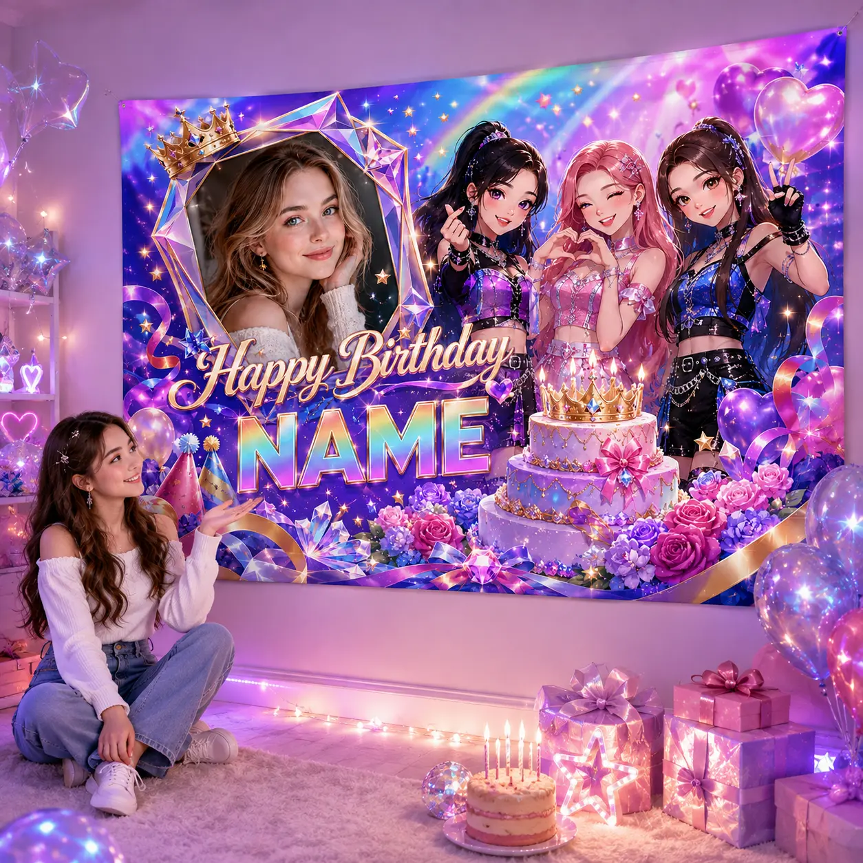 Customizable Colorful Anime Girls Pop Idol Birthday Backdrop, Purple-Blue Personalized Name Photo Banner, Fantasy Music Party Decor for Home Festive Supplies