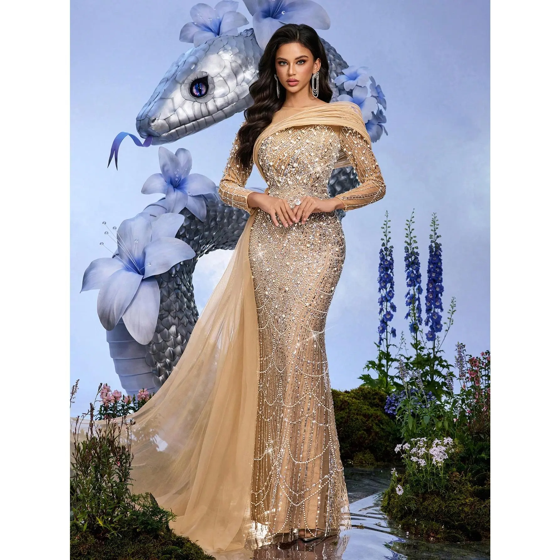 Party Gown Champagne Color Color Sequins Beaded Long Sleeve Slim Gown Dresses For Dinner Party, Banquet, Cocktail Party (Heavily Embellished)