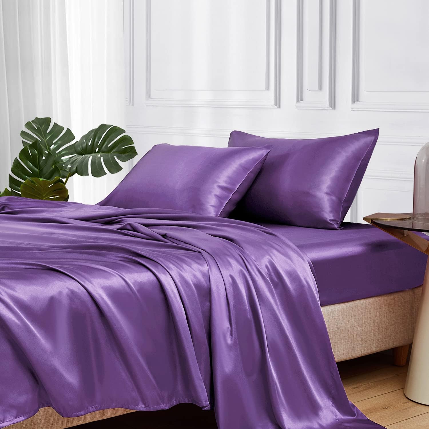Luxury Satin Bedding Set 4 Piece King Queen Size Deep Pocket Adjustable Sheets, Soft Smooth Silk Feel Comfortable Sleep Experience, Satin Fitted Sheet