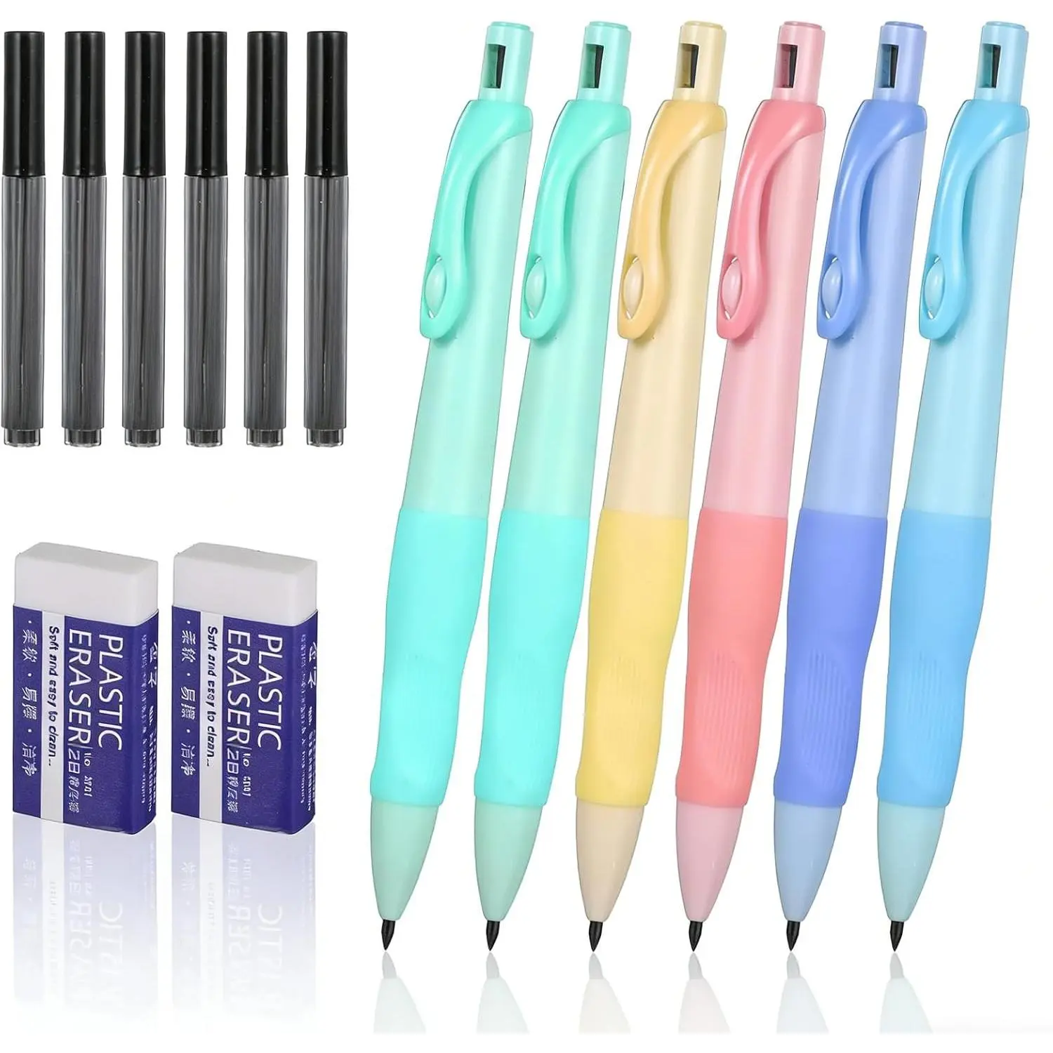 Mechanical Pencil Thick Pencil 2 count and 6 count Colorful 2.0MM Pencil | with Comfort  Grip, Aesthetic Supplies, with 6 Leads Refills, Erasers, for Writing & Drawing