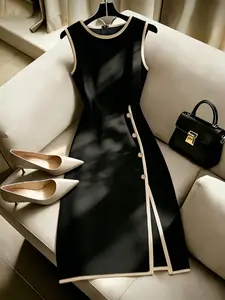 Round Neck Sleeveless Midi Dress, Elegant Office Wear, Casual Summer Style, Plain Surface Design, Perfect for Dates & Daily Use