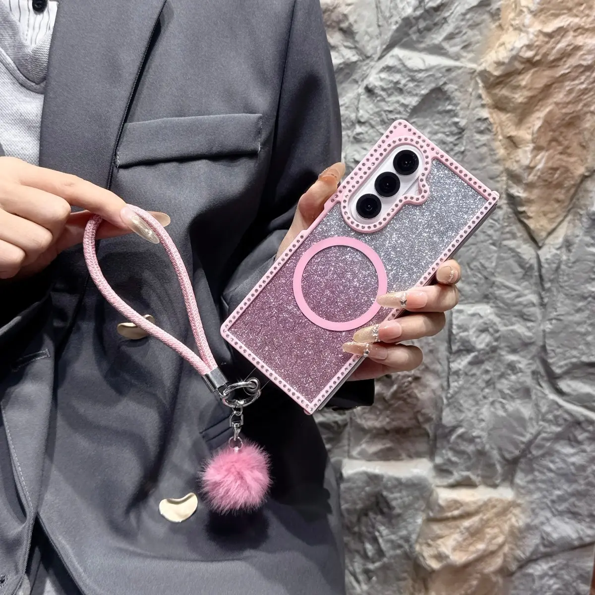 Double-Sided Rhinestone Magnetic Phone Case with Glitter Paper, Luxury Fashion Women's Case, Decorative Smartphone Protector, Protective Phone Cover for Samsung Galaxy Z Fold7 Z Fold6 Z Fold5 zfold3 4, Portable Ball Chain