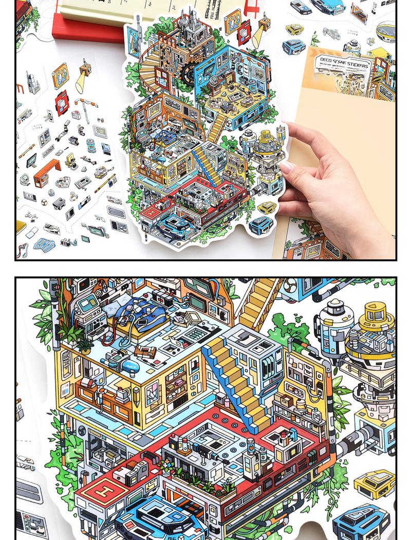 12 oversized scene stickers, fun scene themes, vintage style, PET white card dual materials, self adhesive, DIY journal decoration scrapbook notebook material sticker pack