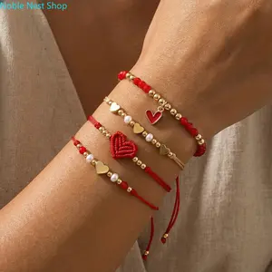 Gold-Plated Red Braided Cord Wristband Set, Adjustable Heart Bracelet with Pearl Accents, Unisex Stackable Bangle, Trendy Jewelry for Daily Wear & Outfit Matching