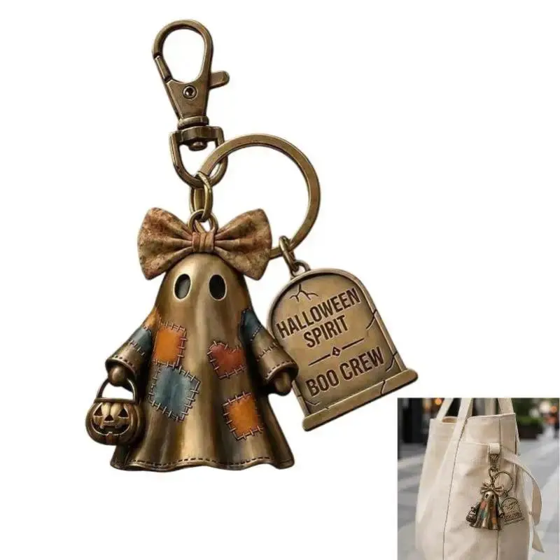 Halloween Ghost Keychain - Boo Crew Spooky Bag Charm with Vintage Patchwork Design, Cute Key Ring for Purses, Backpacks, Handbags, Halloween Gifts for Trick-or-Treating, Parties, Everyday Use