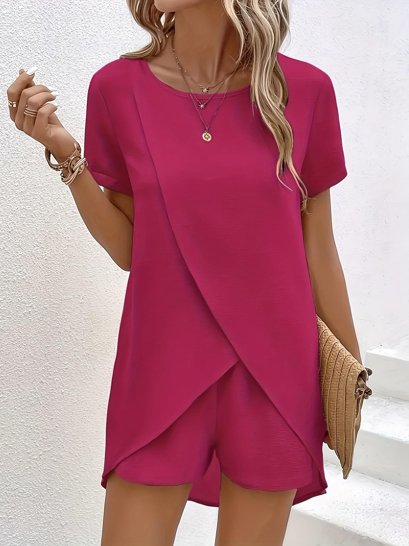 Women's Asymmetrical Hem Tee & Wide Leg Shorts Two-piece Set, Casual Short Sleeve Round Neck T-shirt & Elastic Waist Shorts, Ladies Two-piece Outfits for All Seasons, Womenswear