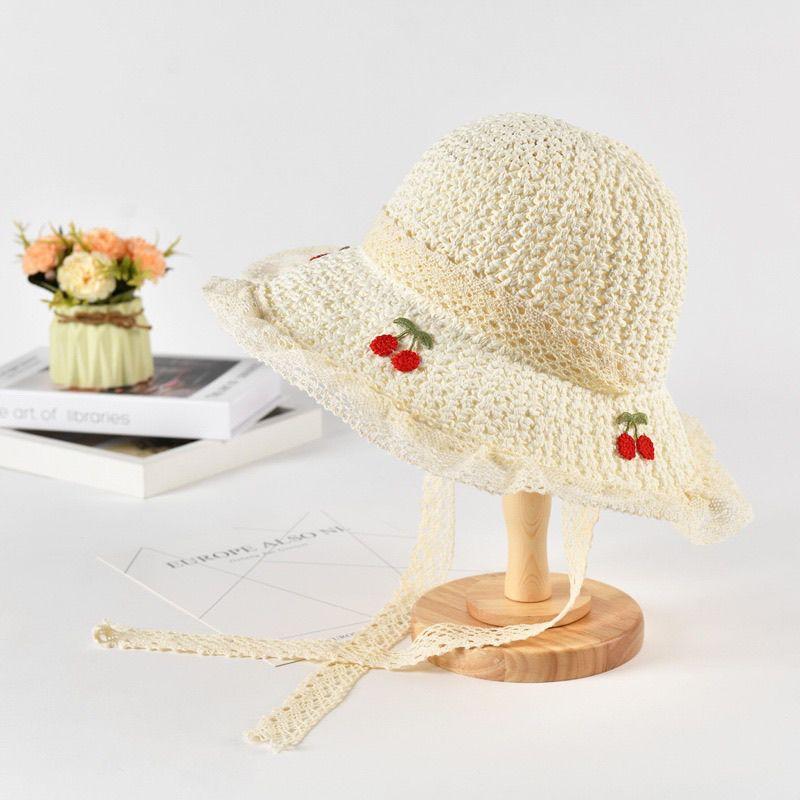 Korean-style Sweet Cherry Embroidered Straw Hat Summer Sun Protection Foldable Trendy Beach Hat for Vacation