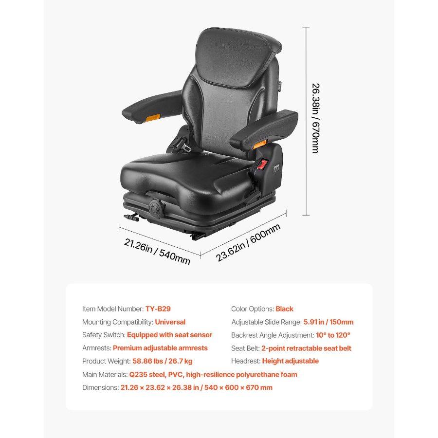 VEVOR Universal Forklift Seat, Tractor Suspension Seat with Adjustable Back, Armrest, Headrest Safety Belt, Secure Fold Down Tractor Seat with Micro Switch, Lawnmower Seat for Skid Loader Bulldozer