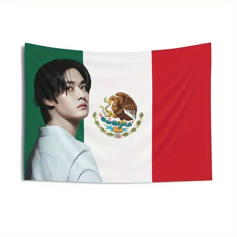 1pc SKZ K-pop Tapestry - Mexican Flag Design with Eagle and Snake Emblem, Peachy Light Coffee Velvet Fabric, Horizontal Orientation, No Electricity Required, Ideal for Home Decor and Concert Banners, Concert Banner Tapestry |   Patriotic Design |