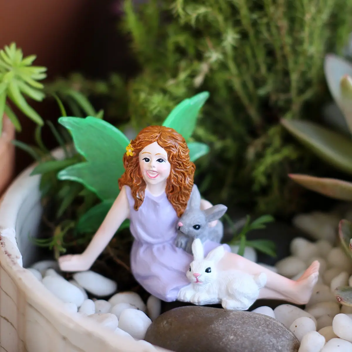 Cute Fairy and Twin Rabbit Resin Statue, Fluorescent Wings, Dreamy Holiday Decor, Valentine's Day Easter Decoration, Home Desktop Ornament