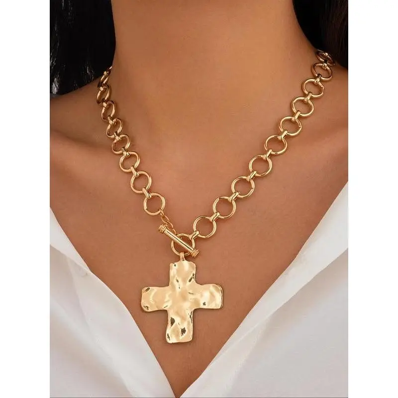 Women's Punk Cross Chain Link Necklace with OT Buckle - Edgy Statement Jewelry for Party & Daily | All-Match Exquisite Gift for Birthday