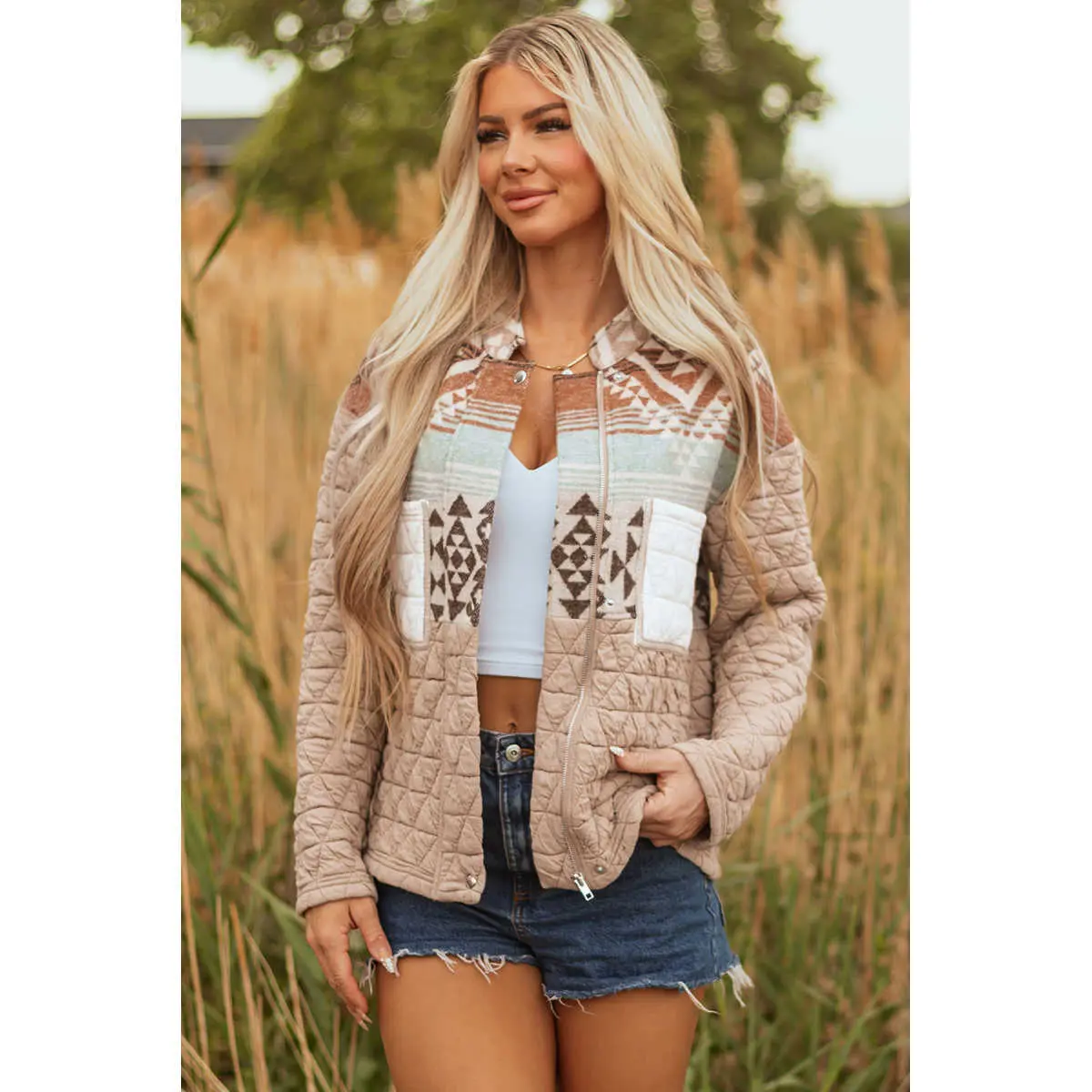 Women's Aztec Quilted Jacket, Western Style Stand Neck Zip Up Polyester Coat, Casual Long Sleeve Fashion Top, Tops