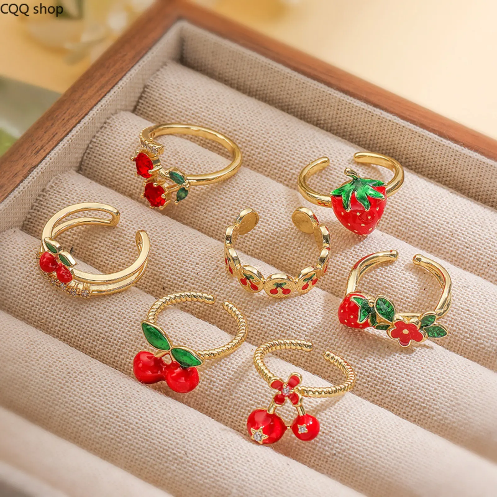 Women Cute Fruit Open Ring, Sweet Strawberry Cherry Design Adjustable Band, Fresh Kawaii Trendy Jewelry for Teen Girls Daily Summer Outfits