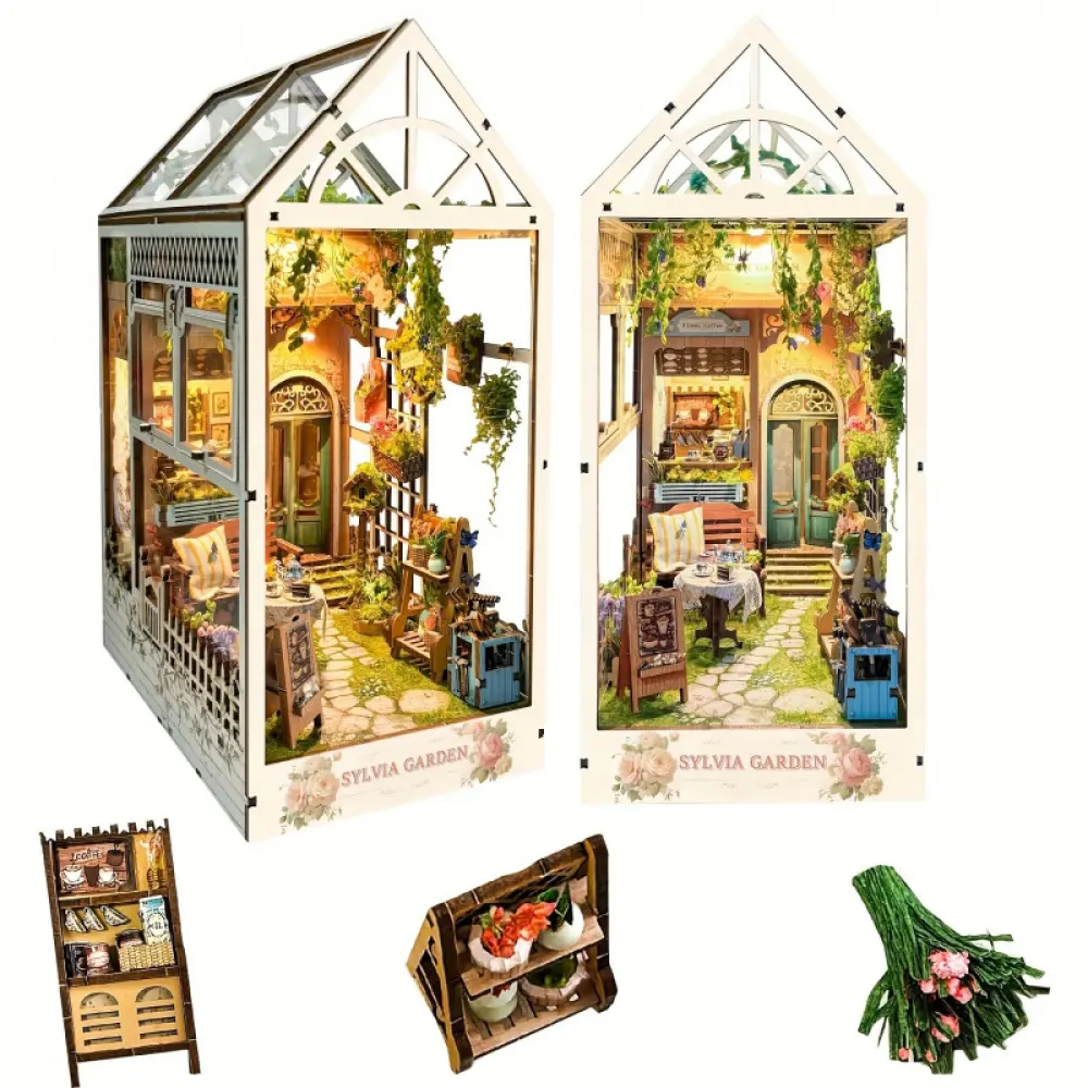 DIY book corner set, 3D wooden puzzle bookshelf insert decoration alley, Sylvia garden wooden bookend model (SQ22) no glue required