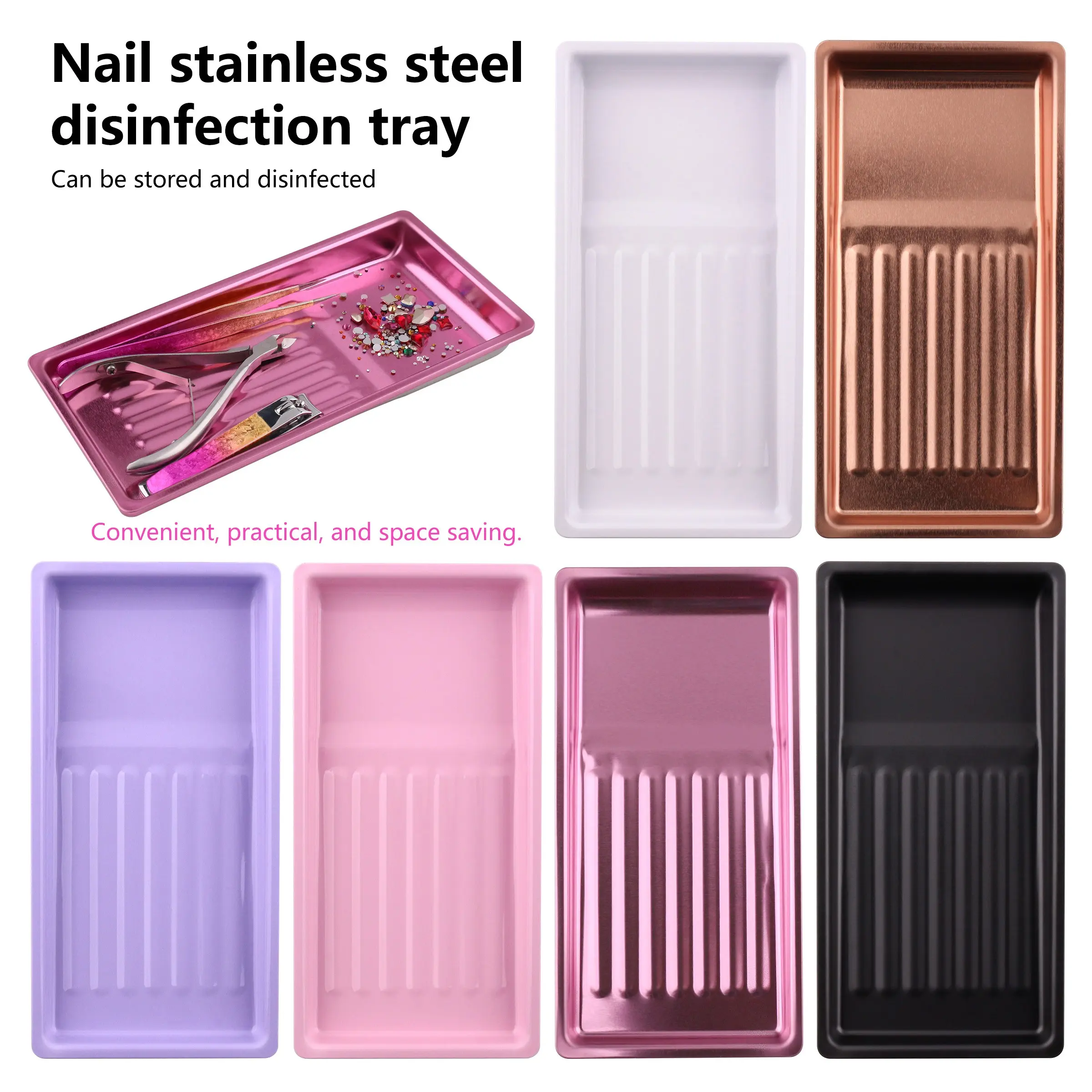 Rectangular Nail Art Tool Organizer Tray, Stainless Steel Metal Display Tray for Manicure Salon, Beauty Accessories Storage