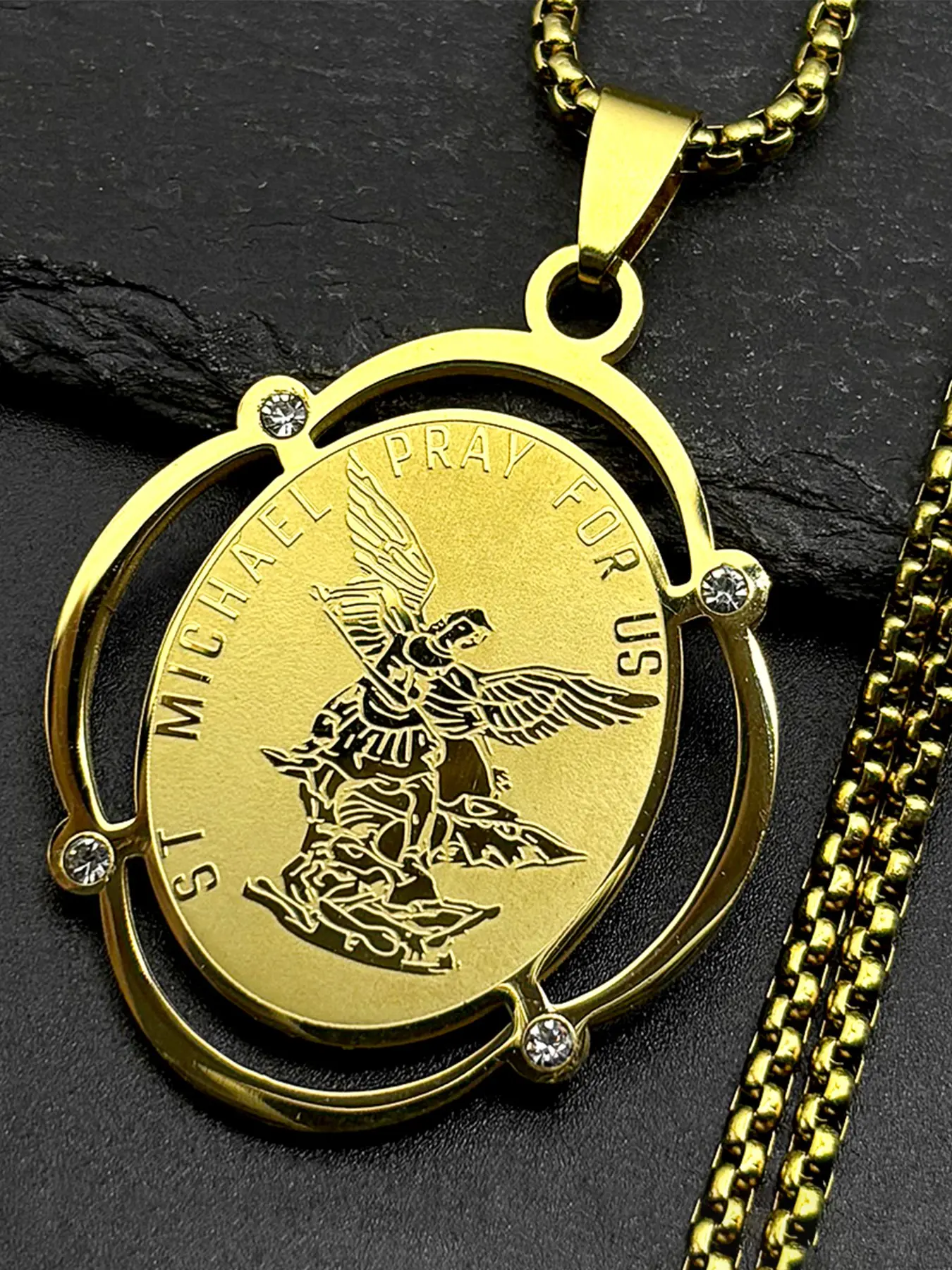 Archangel St.Michael Pray For Us Pendant Necklace for Women Men Stainless Steel Saint Michael Rhinestones Amulet Chain