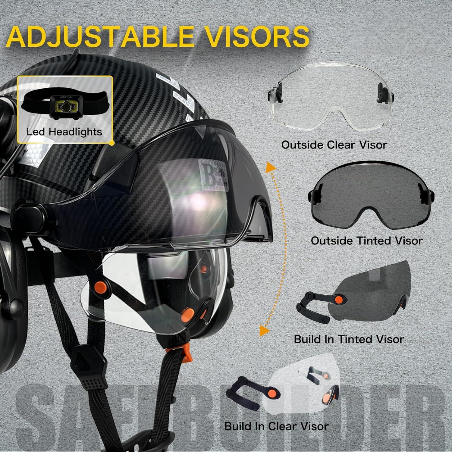 Vented Hard Hat with Visor and Bluetooth Ear Muffs, SNR 26dB Hearing Protection, Adjustable Suspension, Construction Safety Head Gear