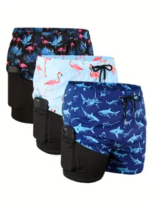 3PCS Mens Swim Trunks with Compression Liner 2 in 1 Quick Dry Swimming Shorts Swimwear 5" Beach Workout Pockets-Quick Drying-Elastic Waistband