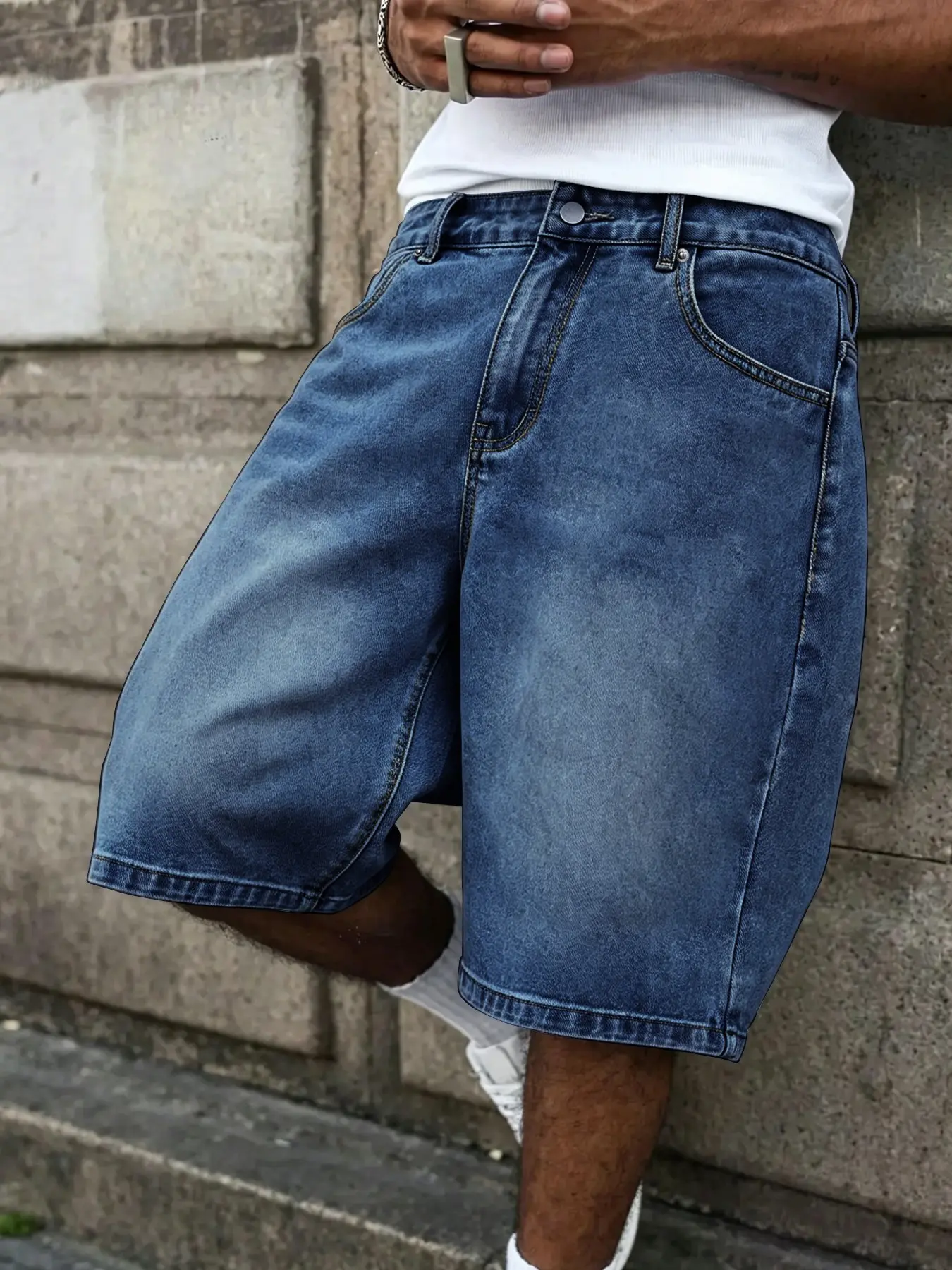 Men Classic Loose Fit Denim Shorts, Button Zipper Fly With Multi Pockets, Casual Straight Cut Jean Shorts For Daily Street Wear And Outdoor Daily Matching #DenimShorts #MenJeanShorts #StreetwearBottoms