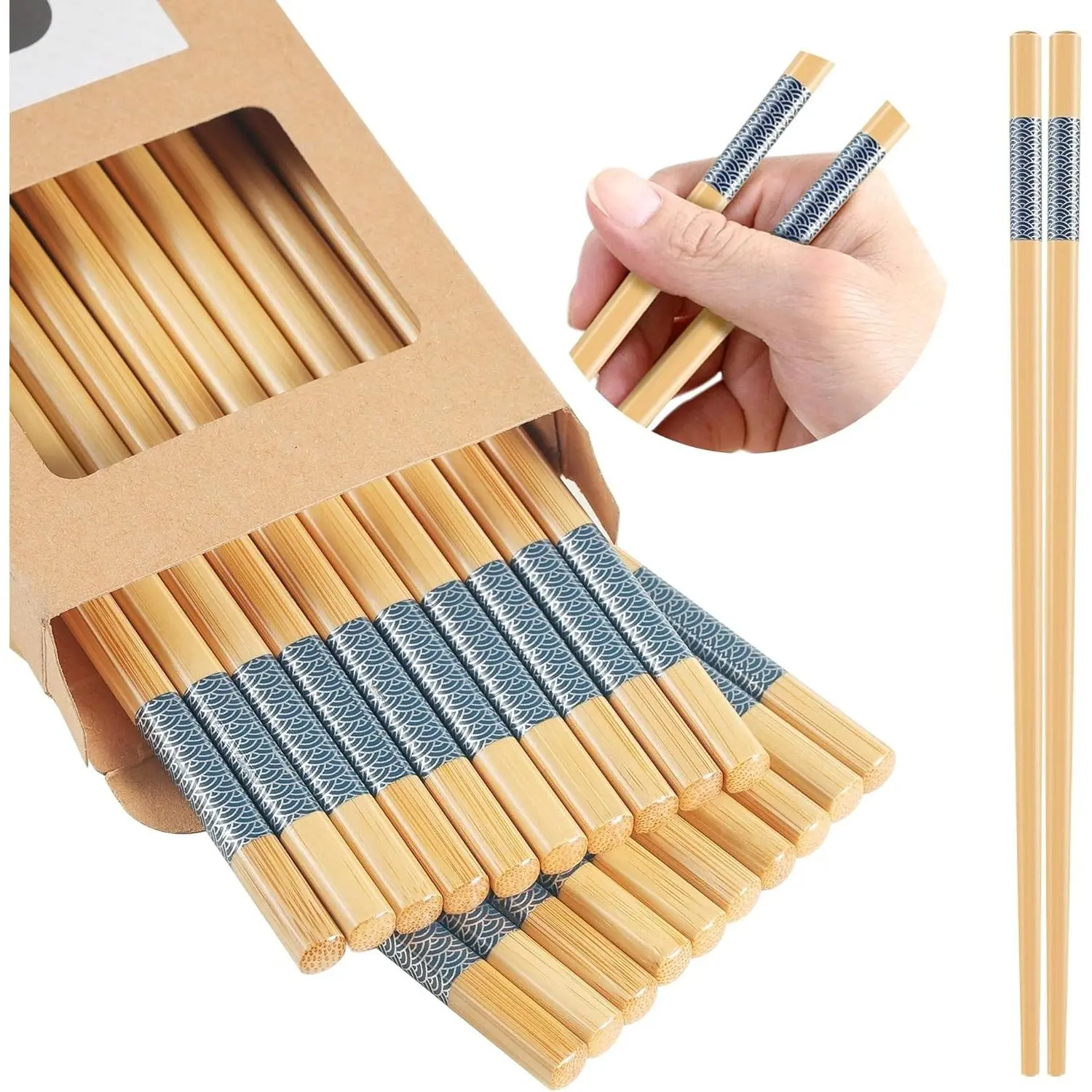 10Pairs Bamboo Chopsticks Reusable | Dishwasher Safe | Non slip | Chinese -（9.45in）