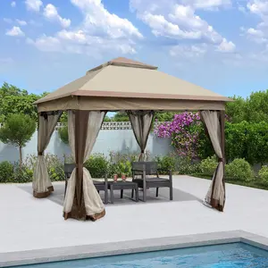 Aobtkel®Outdoor 11x 11Ft Pop Up Gazebo Canopy With Removable Zipper Netting,2-Tier Soft Top Event Tent,Suitable For Patio Backyard Garden Camping Area,Coffee    RR