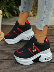 A pair of Women's Colorful Trim Wedge Sneakers with Butterfly Charm, Lace-Up Hidden Heel Shoes, Air Cushion Thick Sole Footwear, Lightweight & Comfortable, Perfect for Work, Travel & Casual Outings