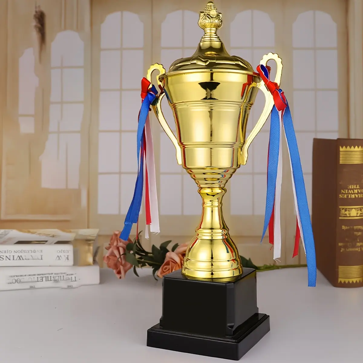 1pc Metal Large Trophy, Golden Color Award for Sports, Tournaments, Competitions, Soccer Football League Match Trophy, Teamwork Award, Soccer Trophies