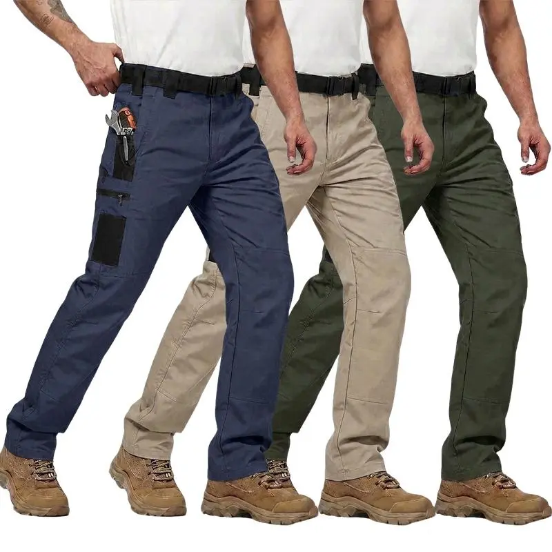 Men's Solid Color Waterproof Tactical Work Pants - 3-Piece Set, Belt-Free, Multi-Pocket, Durable Outdoor Hiking & Casual Pants (Regular Fit)hiking pants、trekking pants、hiking trousers、trail pants、outdoor hiking pants
