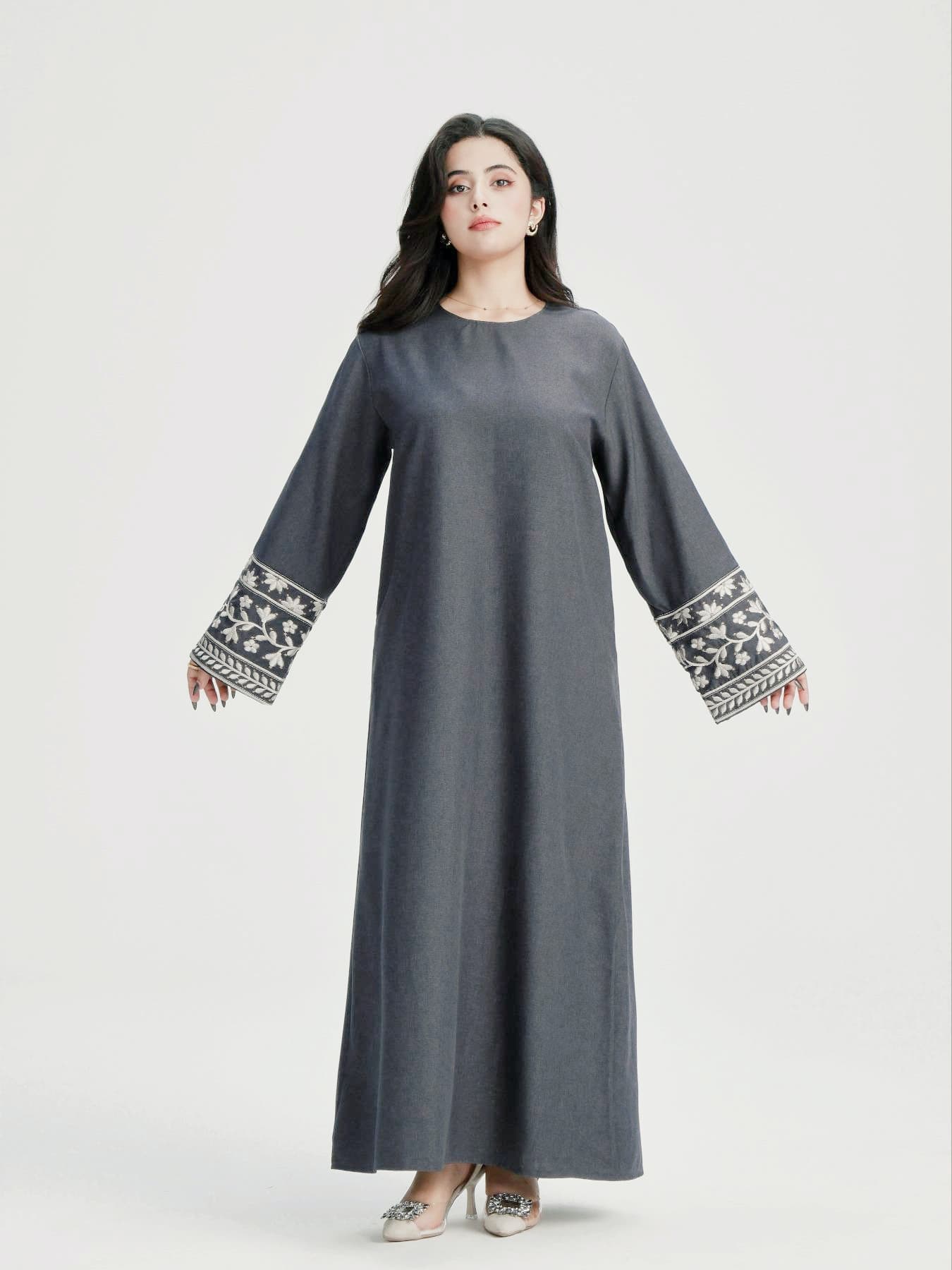 Women's Ethnic Pattern Floral Embroidery Long Sleeve Dress, Casual Round Neck Zipper Dress for Daily Wear, Ladies Islamic Clothing for All Seasons, Classy Modest Dresses, Muslim Outfits
