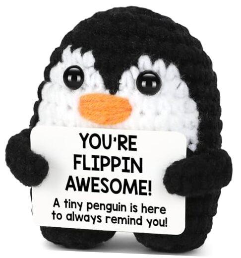 Positive Crochet Penguin, Mini Funny Inspirational Emotional Support Gift, Perfect for Galentines, Valentines Day, Birthdays & Holiday Surprises, Cute Handmade Stuffed Present for Women, Teens, Friends & Family to Bring Joy and Encouragement