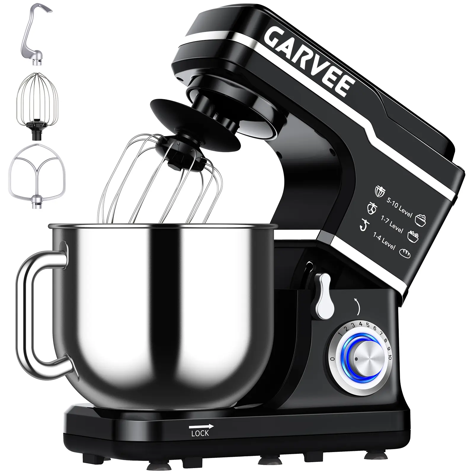 Garvee 7.5QT 660W 10-Speed Tilt-Head Stand Mixer, Low Noise Electric Kitchen Mixer with Stainless Steel Bowl with Handle Dough Hook Whisk Beater Splash-Proof Cover, for Baking Cake Dough Bread