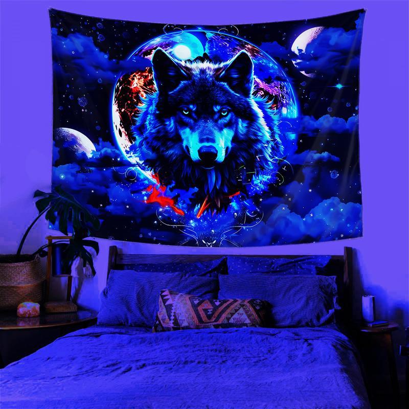 UV-Reactive Wolf King Tapestry - Black Night Sky with Glowing Moon & Stars, Anime-Inspired Polyester Wall Hanging for Bedroom, Living Room, Office Decor (No Electricity Needed), Highquality Print 60X40
