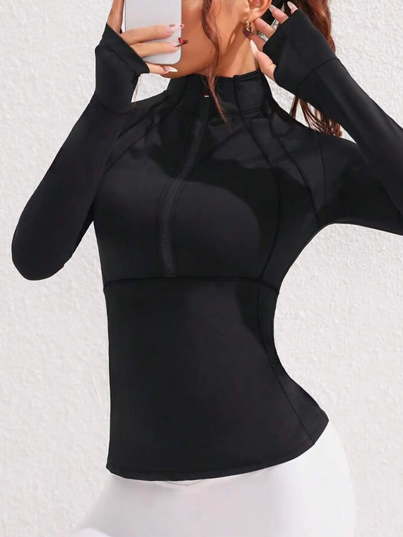 Half-Zip Stand Collar Slim Fit Sports Jacket, Thumb Loop Long Sleeve Quick-Dry Fitness Top, Waist Cinch Slimming Outdoor Running Sun Protection Jacket, Athletic Workout Jacket, Athletic Jackets