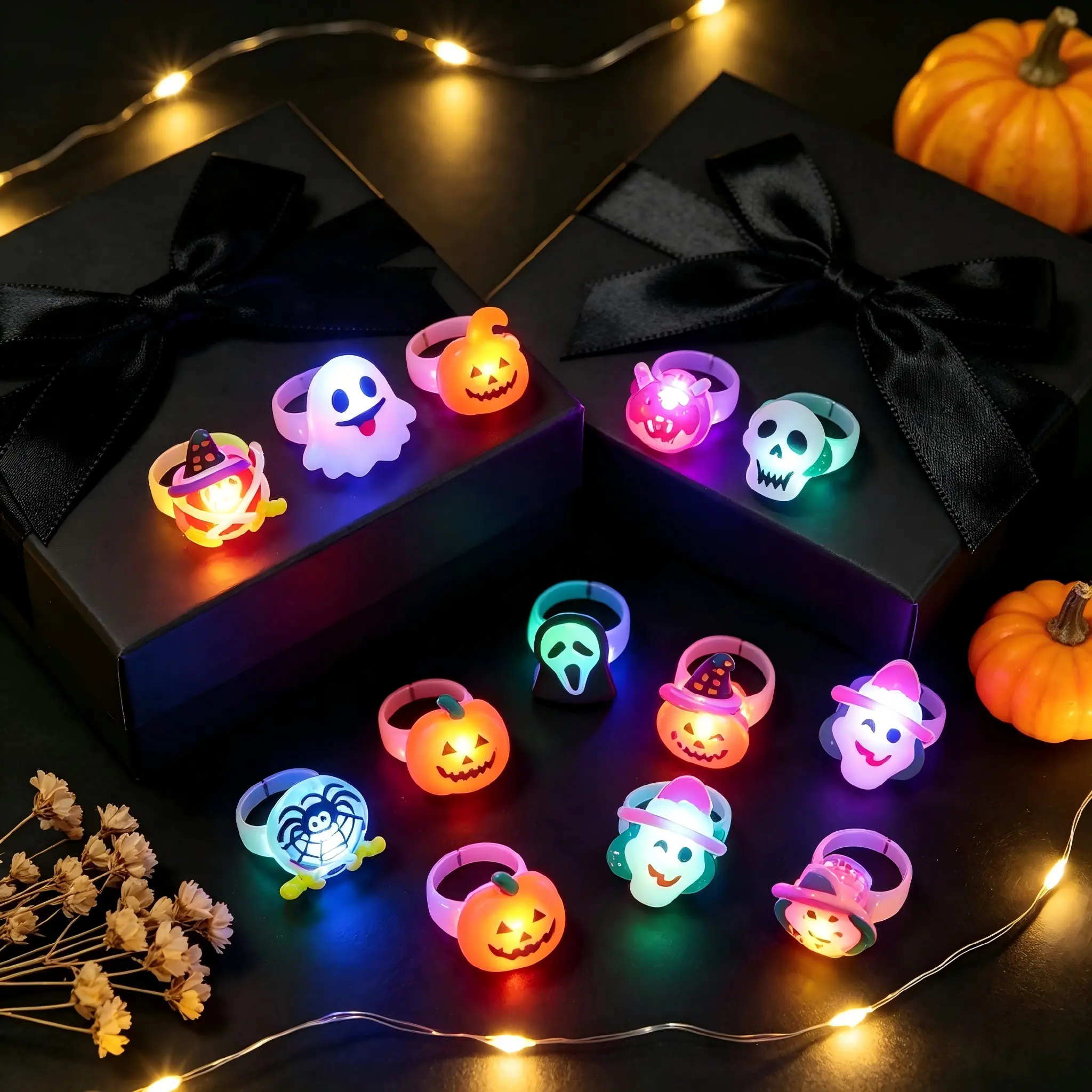 50 Pcs Halloween Spooky Glowing Rings, Cute Ghost Pumpkin Skull Design, Party Gag Gift Decor, LED Flashing Rings for Kids and Adults, Pack