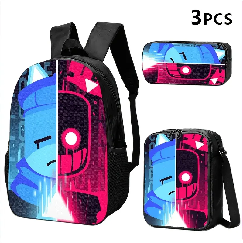 600D Oxford 3-Piece Backpack Set - Backpack, Insulated Lunch Bag, Pencil Case - Split Neon Cyberpunk Art Character Theme, Breathable Padded Straps, Fits 15" Laptop, Durable Water Resistant, Bag Set, Prop 65 Safe