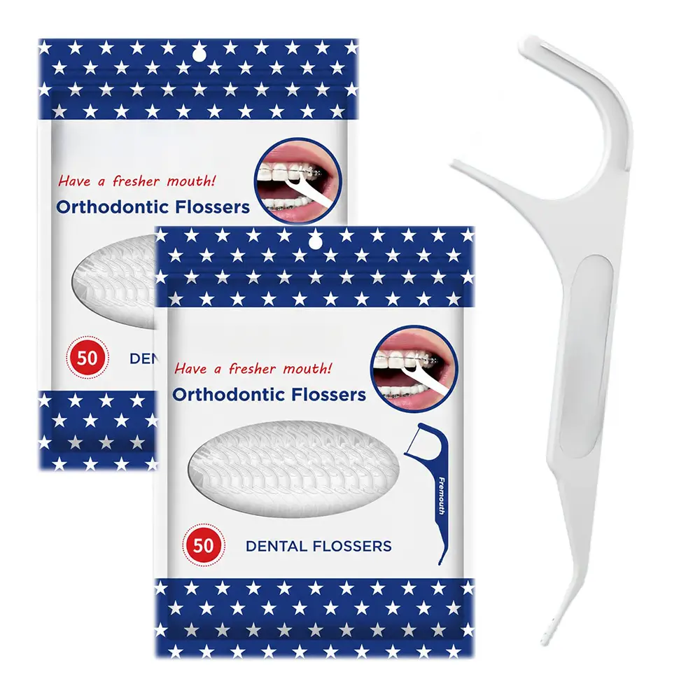 100 Count 3-in-1 Orthodontic Dental Floss Picks, 2 Packs Braces Flossers with Floss, Tongue Scraper & Bracket Brush, Tear-Resistant Deep Clean Floss Sticks for Braces Daily Oral Care