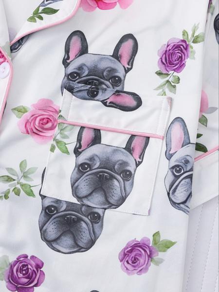 Women's  Dog and Floral  Print Shirt & Elastic Waist Shorts Pyjama Two-piece Set, Casual Comfy Short Sleeve  Top & Shorts Pj Set, Ladies Loungewear Sleepwear for All Seasons