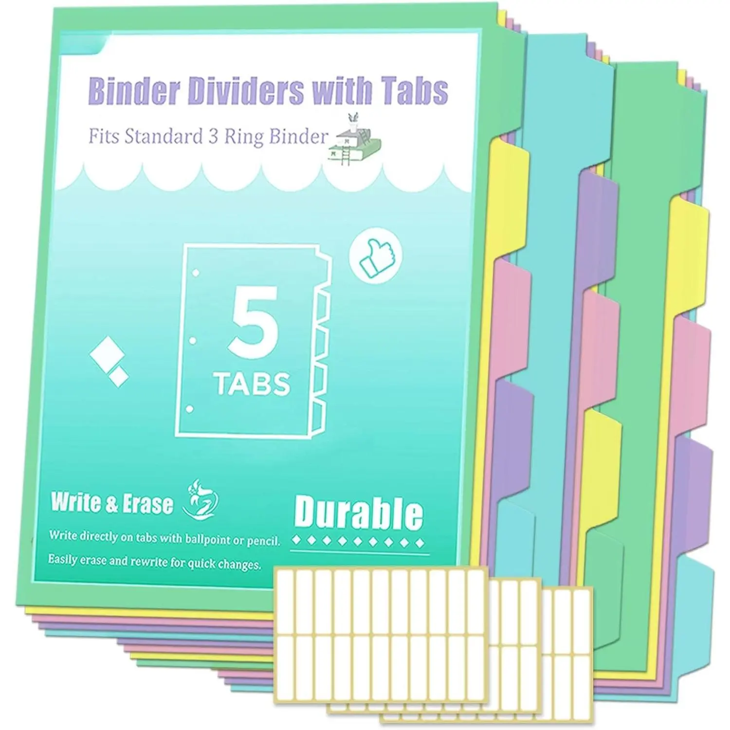 5 Tab Dividers for 3 Ring Binders, Durable Plastic Write & Erase, Page Dividers for 8.5 x 11'' Letter Size Papers, Ideal for Student, Teacher, Macaron Color 3 Sets