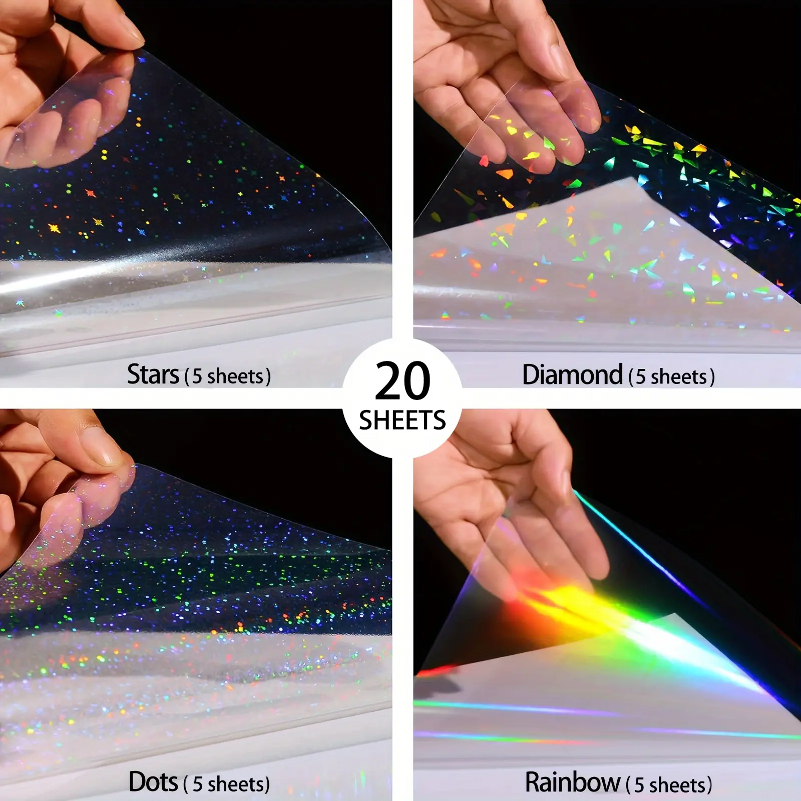 20 Sheets A4 Size Clear Holographic Cold Lamination Film, 8.3×11.7 Inch 4 Styles Mixed: Diamond, Rainbow, Stars, Dots, Waterproof Self-Adhesive Vinyl Sticker Paper