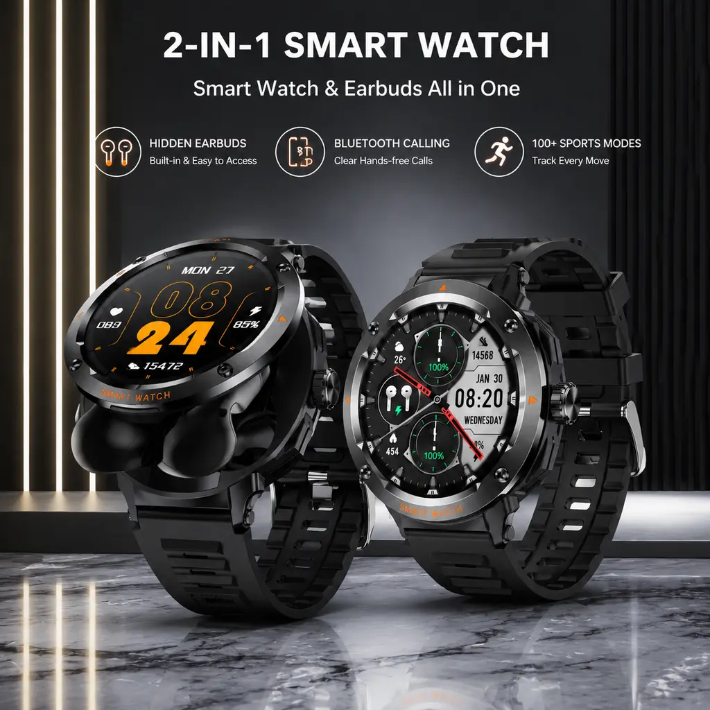 2-in-1 Smartwatch with Built-in Earbuds & Heart Rate Monitor, Sports Wearable with Bluetooth Calling & Full Touch Screen for iOS & Android, Portable