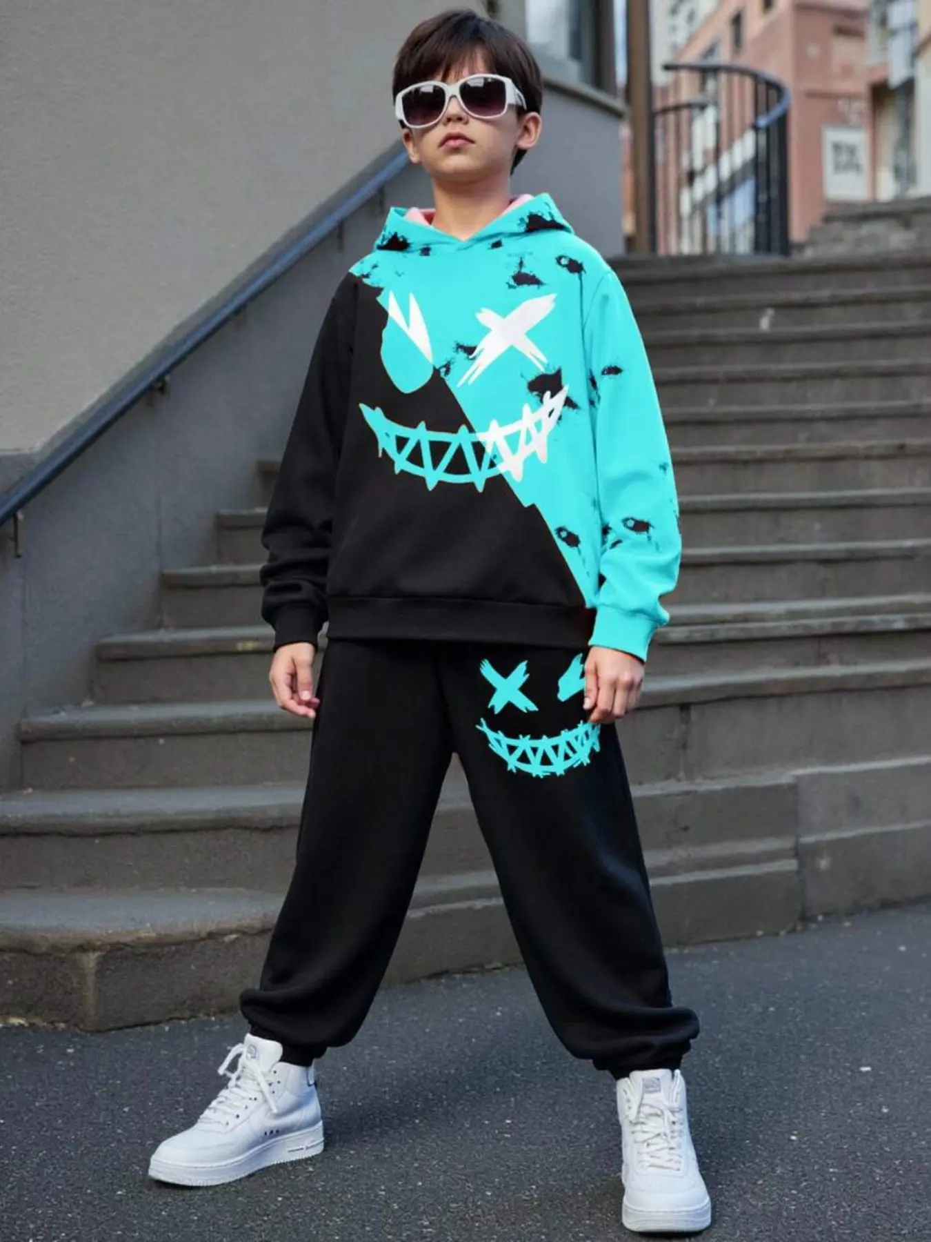 Boys' Fashion Hooded Sweatshirt Set Two-Piece, Casual Cartoon Pattern, Loose-Fitting, Spring & Fall Kids, Daily Wear