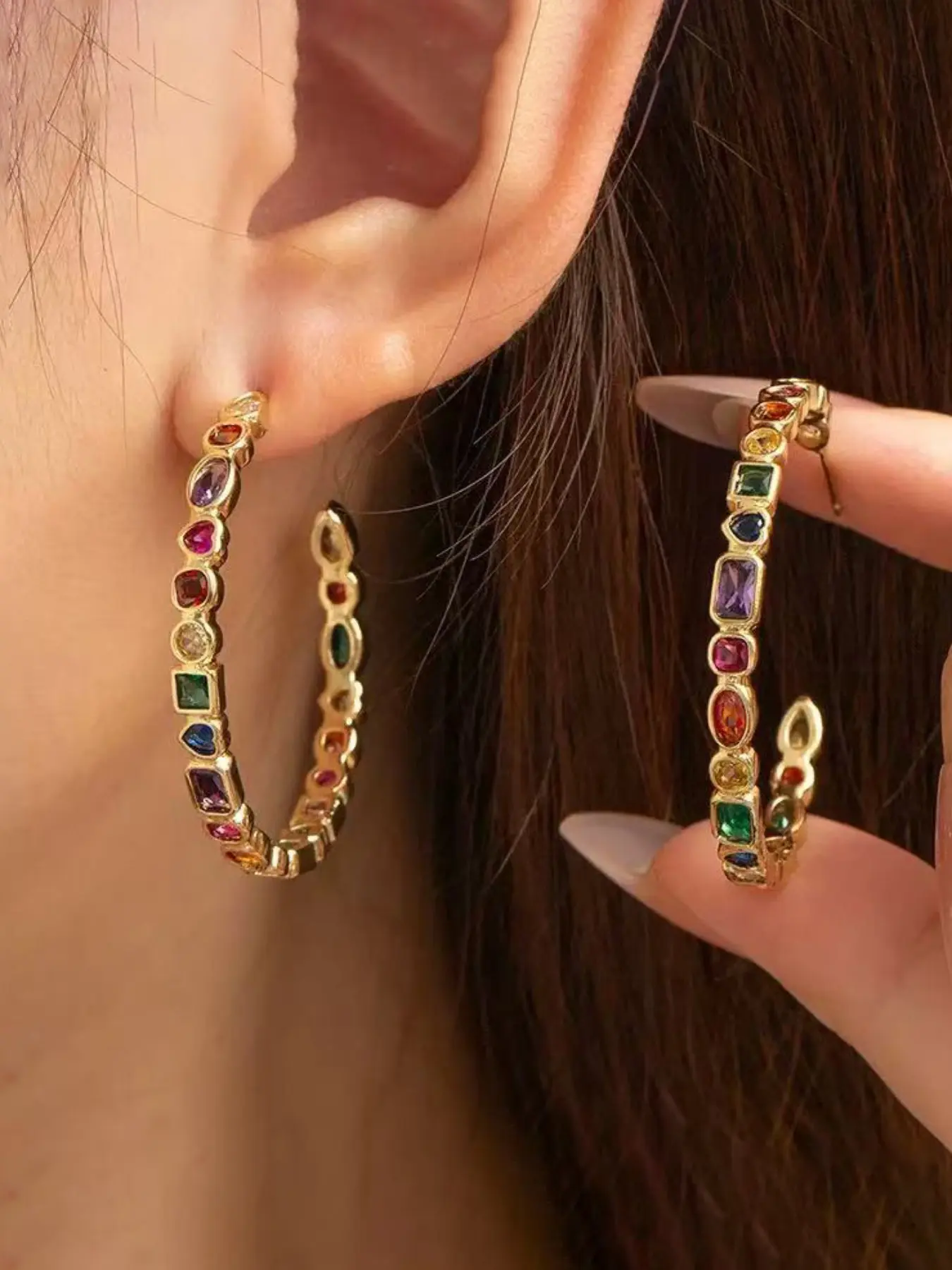 Rainbow Colorful Treasure C-shaped Large Ring Earrings - Retro Vacation Inspired Style - Elliptical Heart Square Mix-and-Match Color Zircon Full Circle Hoop Earring Loop - Traveling Girl Versatile Ear Jewelry Statement Earring