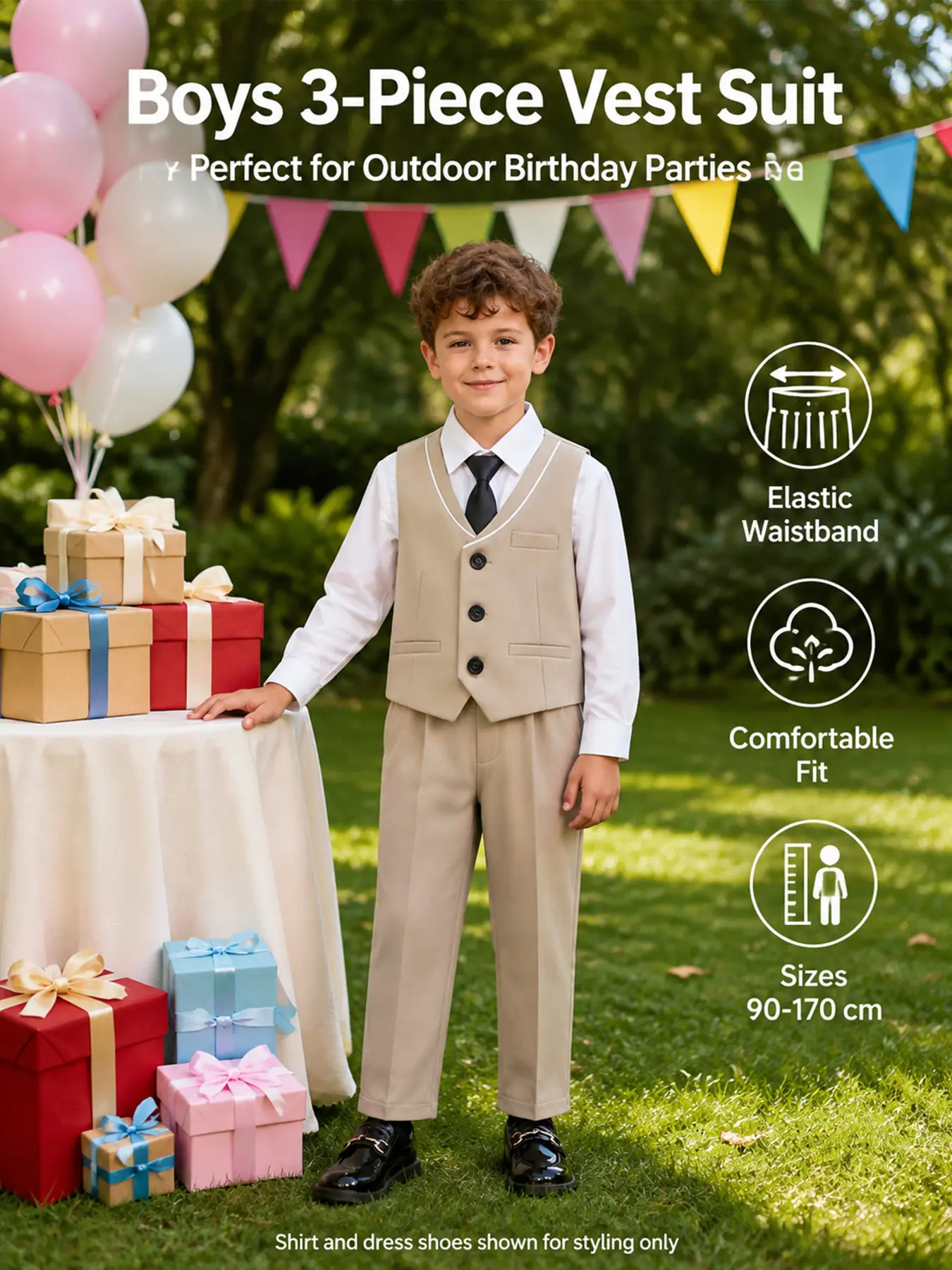 Boys Spring Summer Vest Suit 3 Piece Set, Double Breasted Vest, Trousers & Matching Tie Formal Outfit, Slim Fit Elastic Waist Dress Suit for Back to School, Wedding, Birthday Party, Size 90-170cm Toddler to Teen Boys, Available in Black, Coffee & Khaki！